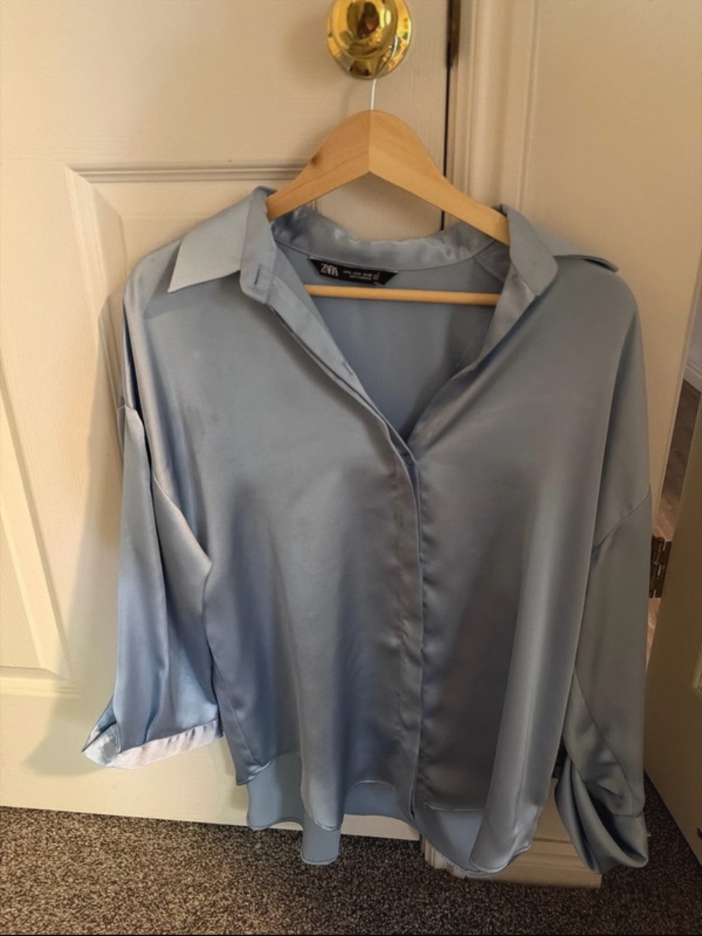 Zara Pale Blue Satin Oversized Button-Up Blouse
